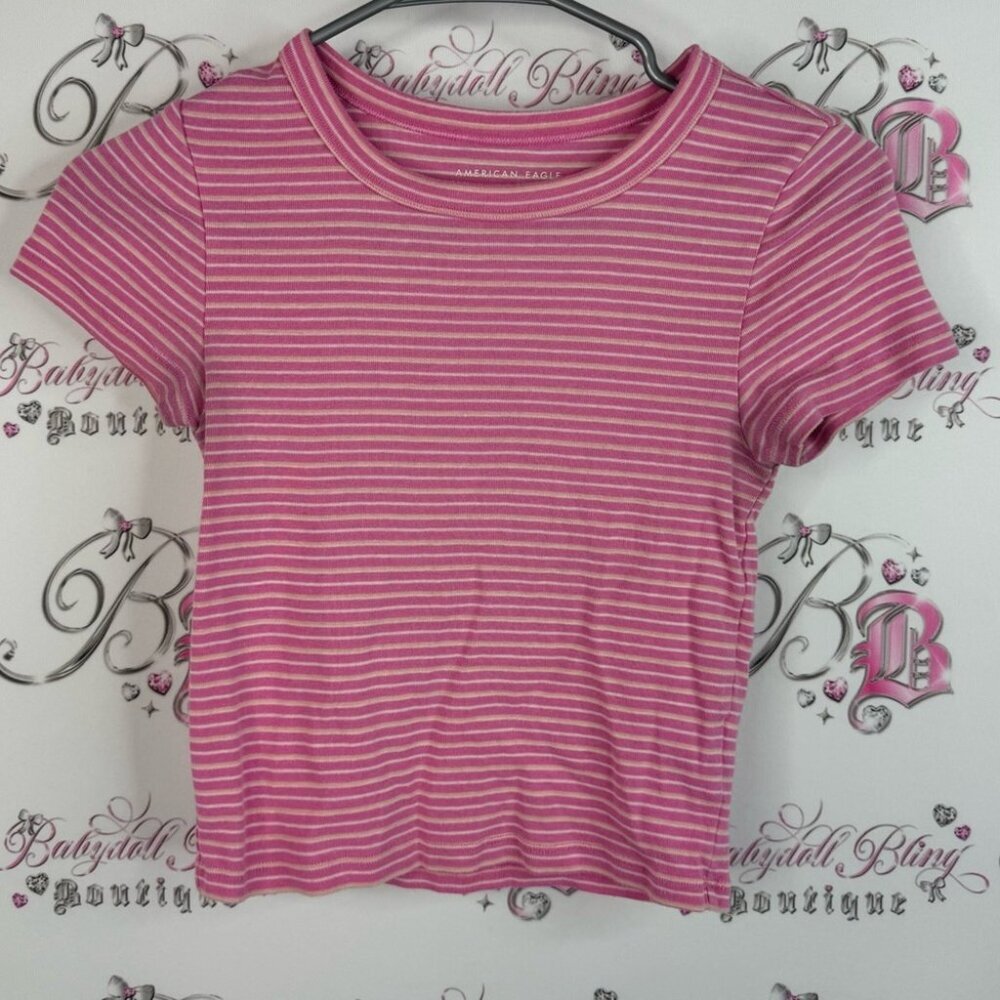 American Eagle Outfitters tshirt tee cropped candy Pink and White Striped Tee